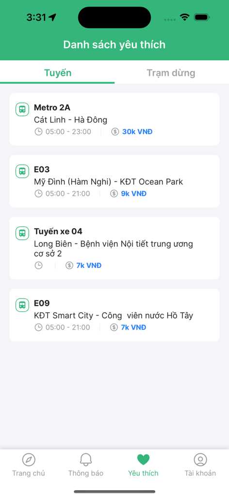 Favorite routes list in BusMap Hanoi app displaying metro and bus schedules with fares