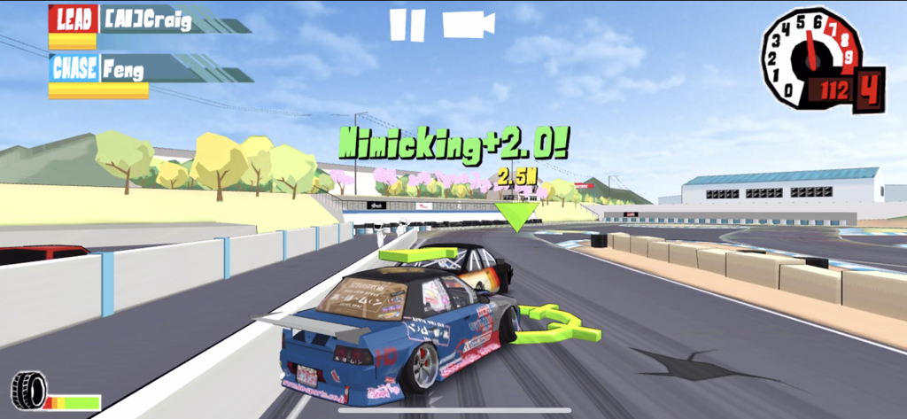 Gameplay screenshot of FR Legends showing a tandem drift battle between a player and AI on a stylized racing track