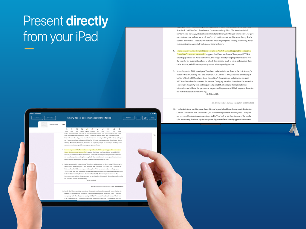 Case Crafter - Trial Presenter - A person using an iPad to present and annotate a legal document on a large TV screen with Case Crafter.