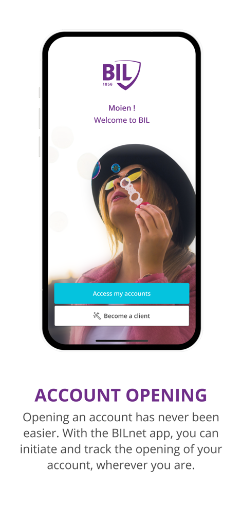 Pantalla de smartphone de la aplicación de banca móvil BILnet que muestra la página de bienvenida y las opciones de apertura de cuenta.