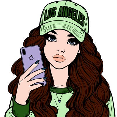 realistic beautiful girl wearing los ángeles cap holding an iphone