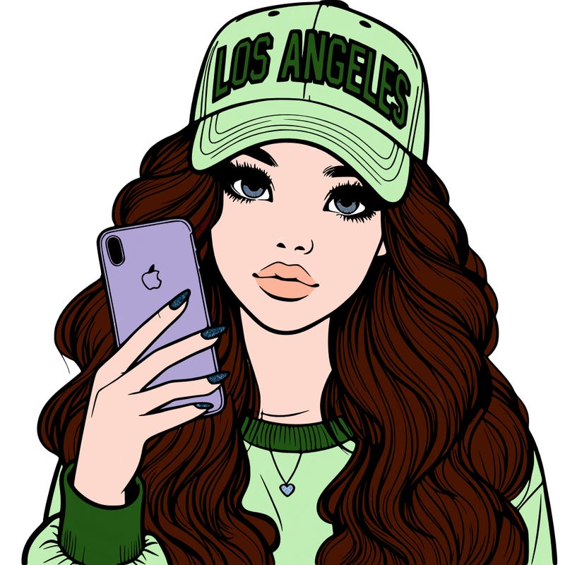 realistic beautiful girl wearing los ángeles cap holding an iphone