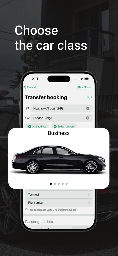 i’way: transfers in 600 cities - The iway app transfer booking screen showing a business class sedan selection for an airport transfer from Heathrow.