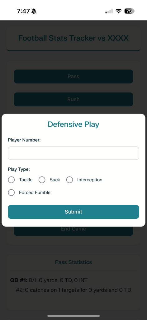 Football Stat Tracker Pro - Formulaire de saisie de jeu défensif pour suivre les plaquages et les sacks des joueurs