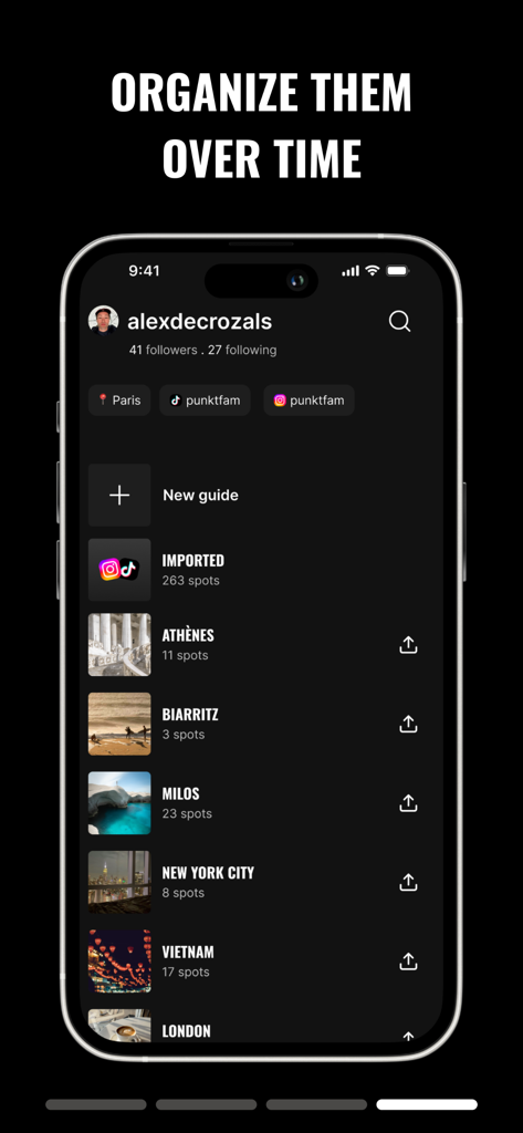 Punkt AI - Punkt AI app screen showing a user profile with organized travel guides for cities like Athens and New York