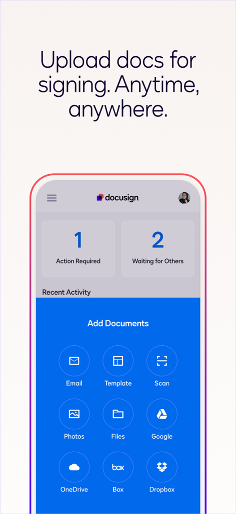 Docusign for Intune mobile app screen displaying document upload options from integrated sources like OneDrive Google Drive and Dropbox