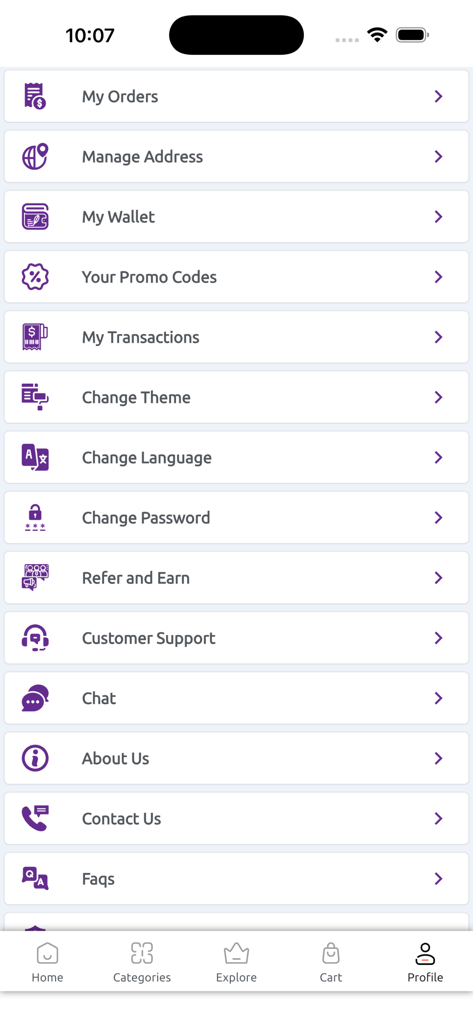 AfnoBazar Online Shopping App - Menú de perfil de la aplicación AfnoBazar que muestra la configuración de la cuenta del usuario y las opciones de soporte al cliente