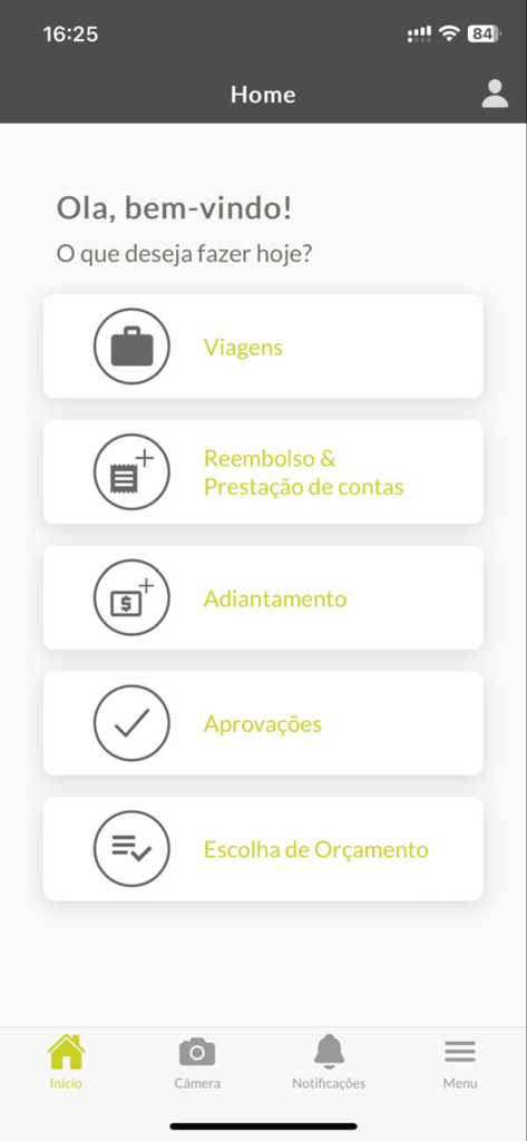 Tela inicial do aplicativo Lemontech com opções de gerenciamento de viagens e relatórios de despesas.