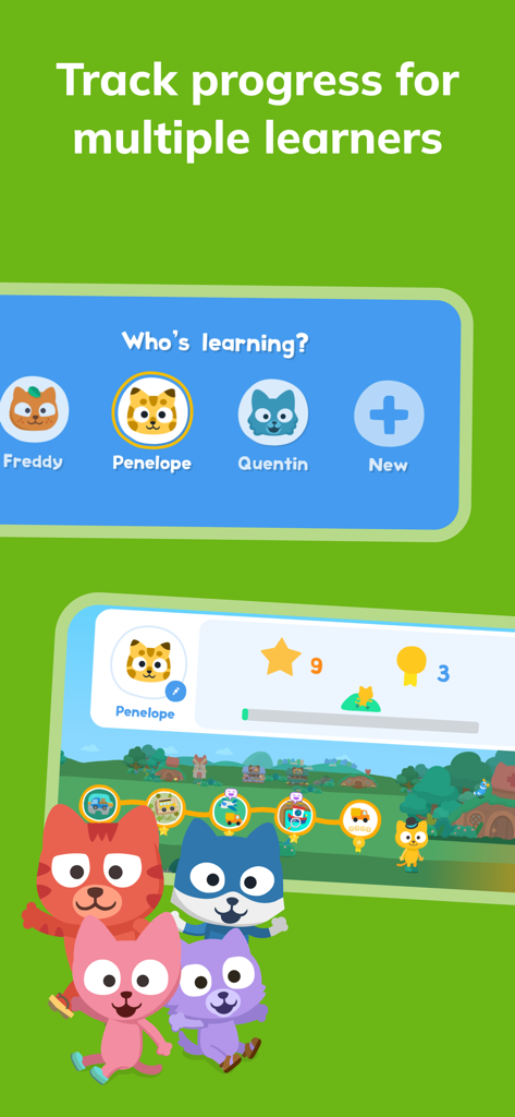 Learn English – Studycat - 複数の子供プロフィールと個別の進捗状況追跡ダッシュボードが表示されるStudycatアプリのスクリーンショット