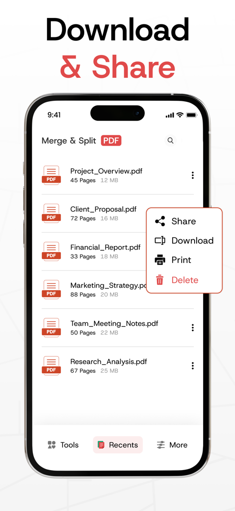 Merge PDF Files－Split PDF Docs - iPhone-Bildschirm mit einer Liste von PDF-Dateien und einem Menü für Freigabe-, Download- und Druckoptionen in der Merge PDF-App