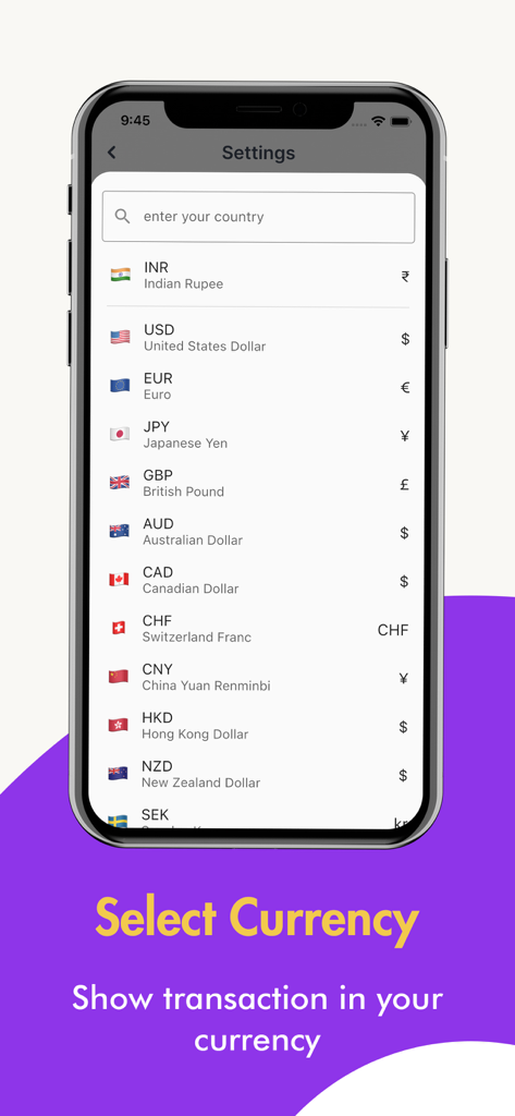 Money Manager: expense, budget - Select currency screen in Money Manager app showing a list of global currencies and flags