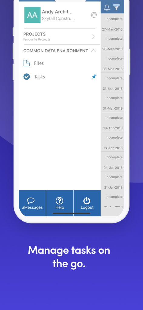 Asite CDE Mobile - Asite CDE Mobile app interface displaying project tasks and files menu for construction management