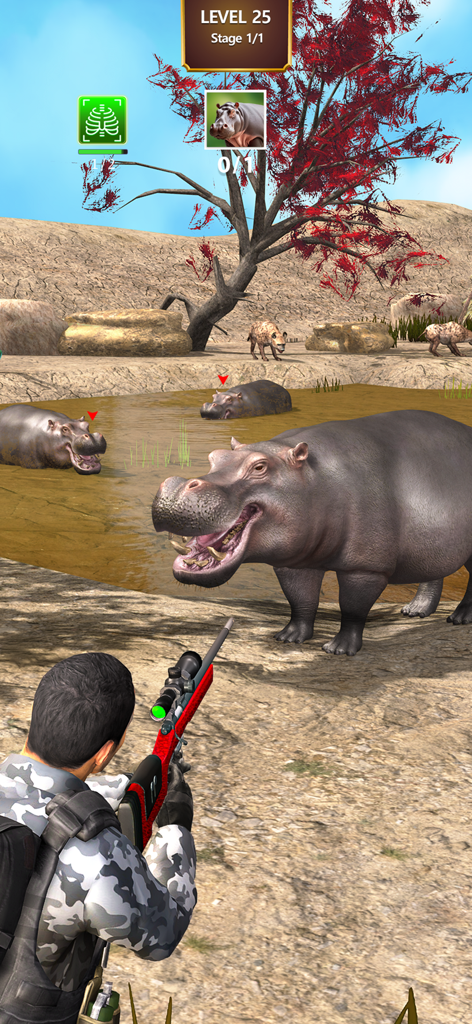 Ego-Shooter-Ansicht eines Scharfschützen, der auf ein Nilpferd in einer Wüsten-Oase-Umgebung zielt