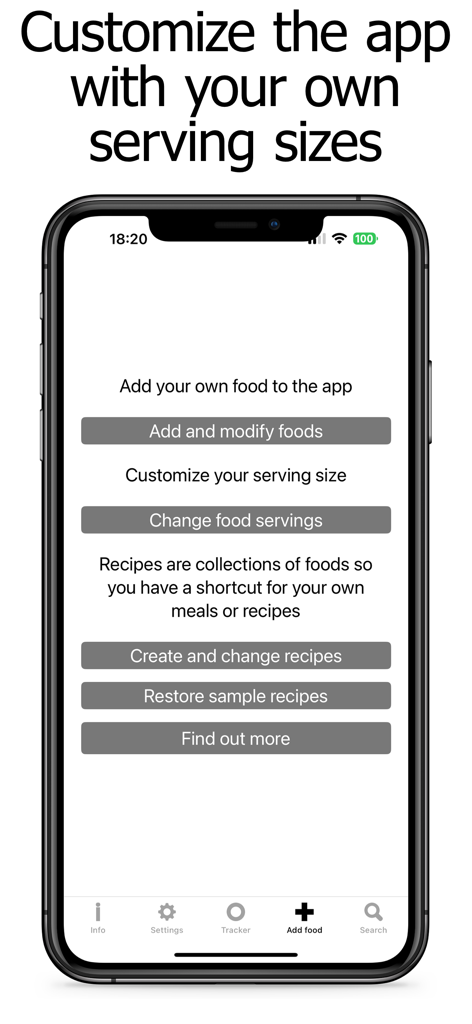 Macro Counter and Tracker - Interfaz que muestra opciones para agregar alimentos personalizados, cambiar tamaños de porción y crear recetas en la aplicación Macro Counter and Tracker.