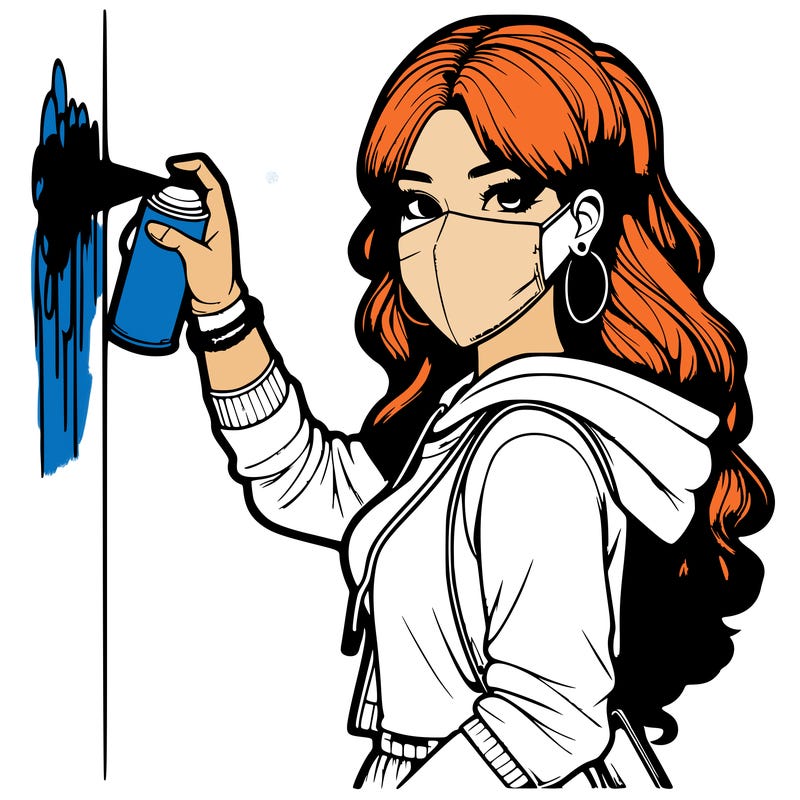 realistic girl with mask spray painting a wall