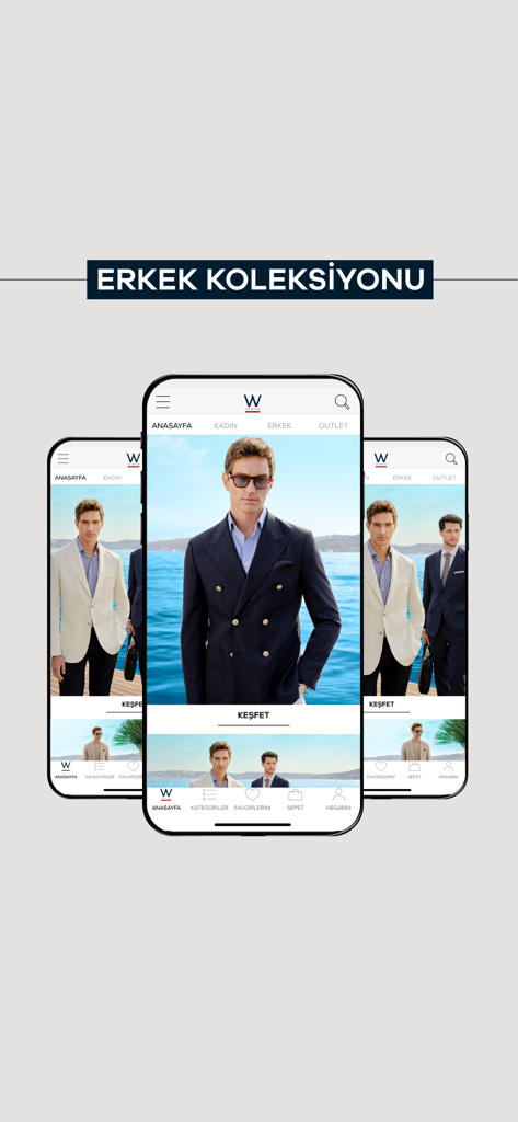 Interfaz de la aplicación móvil de W Collection mostrando moda masculina premium y trajes de lujo