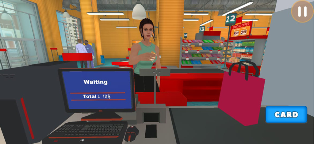 Supermarket Simulator Games 24 - Vista en primera persona del mostrador de caja de un supermercado con un cliente y una pantalla de pago digital