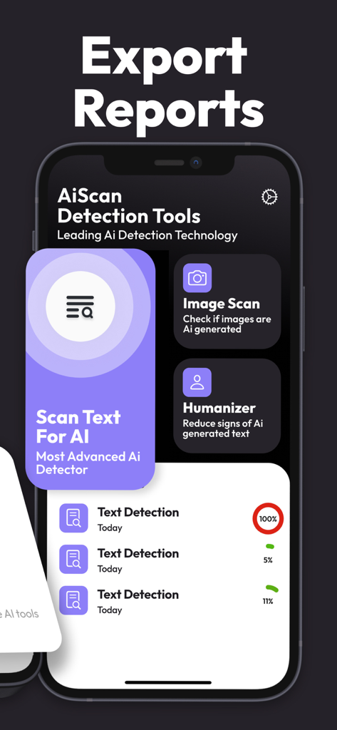 AI Detector & Humanizer AiScan - Interfaz de la aplicación AiScan que muestra herramientas de detección de IA y el historial de escaneo de texto