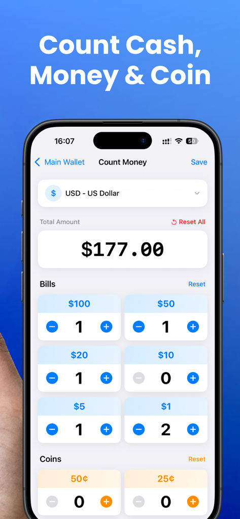Money Counter Count Cash Coin - Una schermata di un'app mobile per contare contanti e monete in dollari USA.