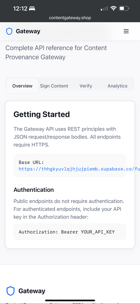 C2PA Content Gateway - Documentación de la API para Content Provenance Gateway con autenticación de la API REST y guía de inicio rápido