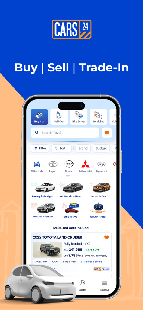 CARS24 UAE: Used cars, Drivers - CARS24 UAE mobile app interface for buying and selling used cars