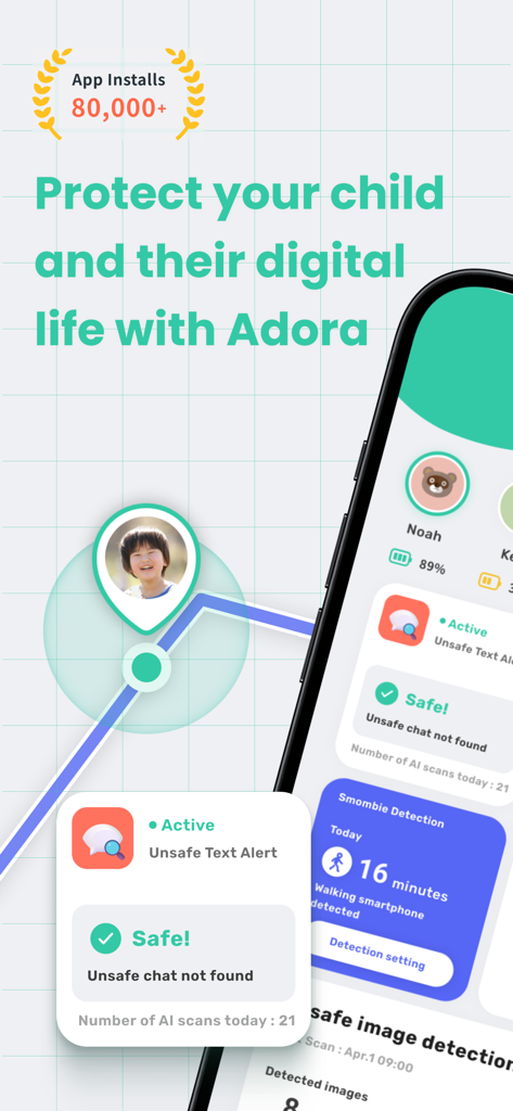 Adora Kindersicherungs-App-Oberfläche mit GPS-Tracking und Sicherheitswarnungen