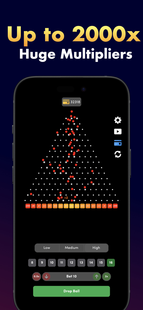 Pantalla del juego móvil Plinko Pyramid Drop mostrando enormes multiplicadores de 2000x y controles de apuestas