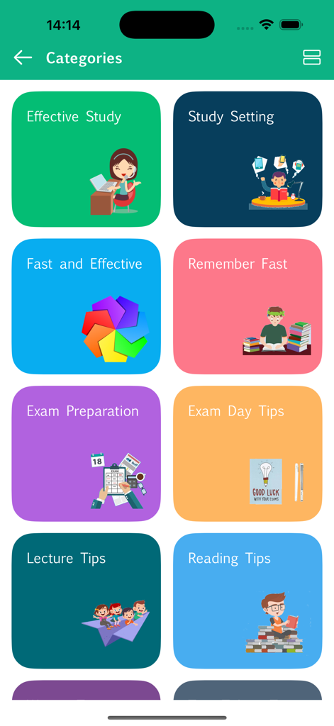 Screenshot of study tip categories including exam preparation and lecture tips