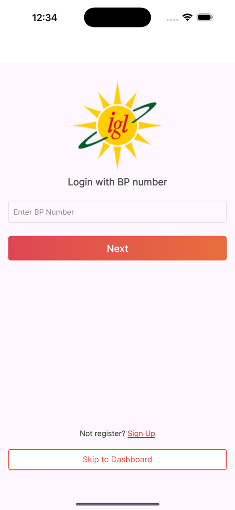 IGL Connect - Login screen of the IGL Connect app featuring a BP number input field and login options.