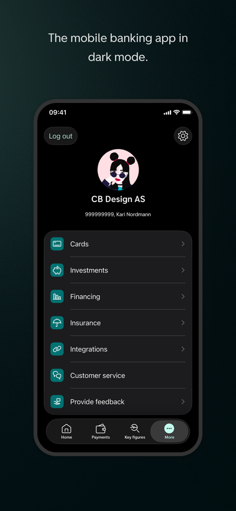 DNB Bedrift business banking app interface in dark mode showing the More menu with options for cards investments and financing
