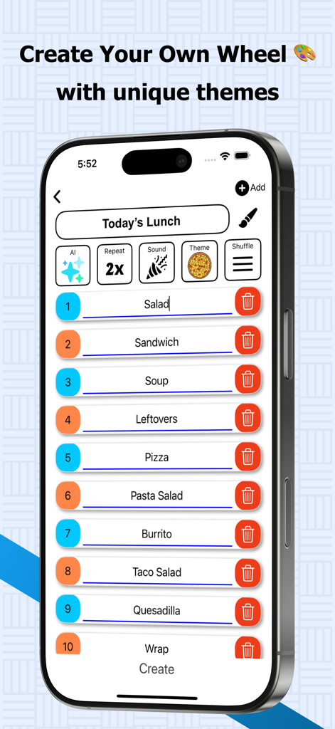 A screen in the Roulette Wheel of Luck app showing a list of lunch options like salad and pizza being edited for a custom wheel.