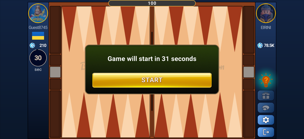 Backgammon Premium: Master - バックギャモンプレミアムマスターのゲーム開始画面、2人のプレイヤー間の試合を開始するためのカウントダウンポップアップウィンドウが表示されるデジタルバックギャモンボードゲーム画面。