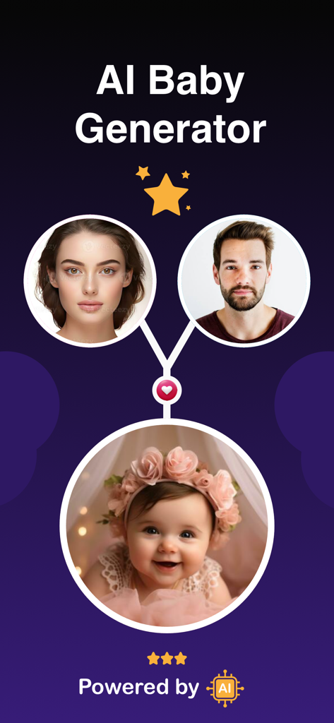 Baby Generator • Baby Maker - AI Baby Generator app interface displaying a predicted baby based on two parent photos.