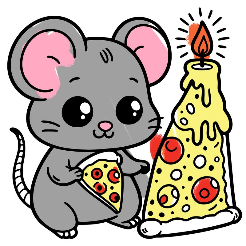 mouse with a tiny cheese pizza
