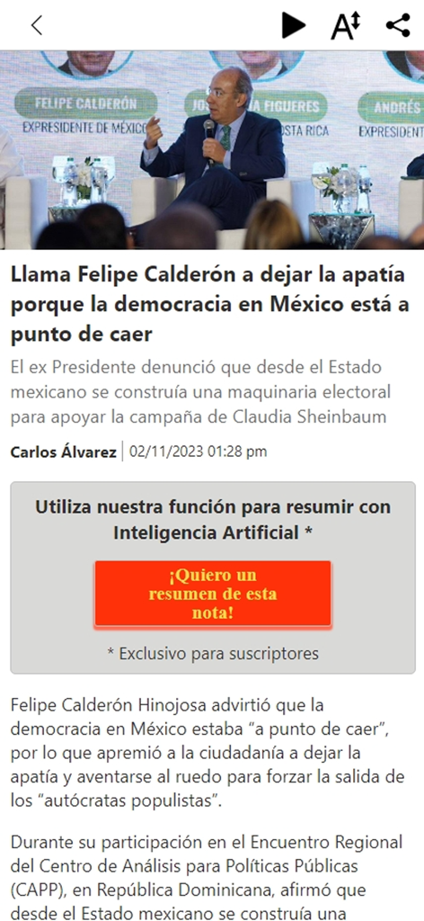 Un artículo de noticias en la aplicación Noroeste con un titular sobre Felipe Calderón y un botón de resumen de IA.