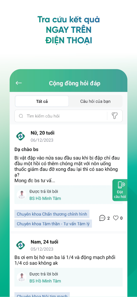환자 질문과 의사 답변이 있는 커뮤니티 건강 포럼을 보여주는 베트남 의료 앱 화면.
