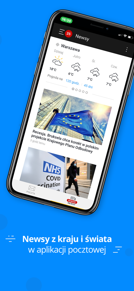 The Poczta Interia mobile app displaying a news feed with articles and a local weather forecast for Warsaw.