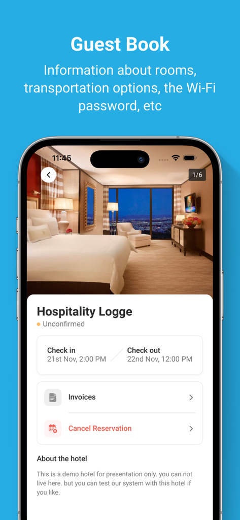 HotelFriend Guest Concierge - A smartphone screen displaying the digital guestbook feature with hotel room details and booking information.