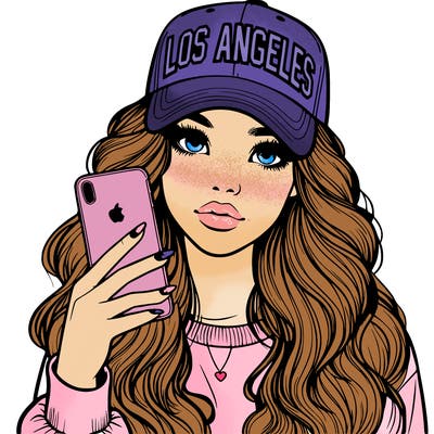 realistic beautiful girl wearing los ángeles cap holding an iphone