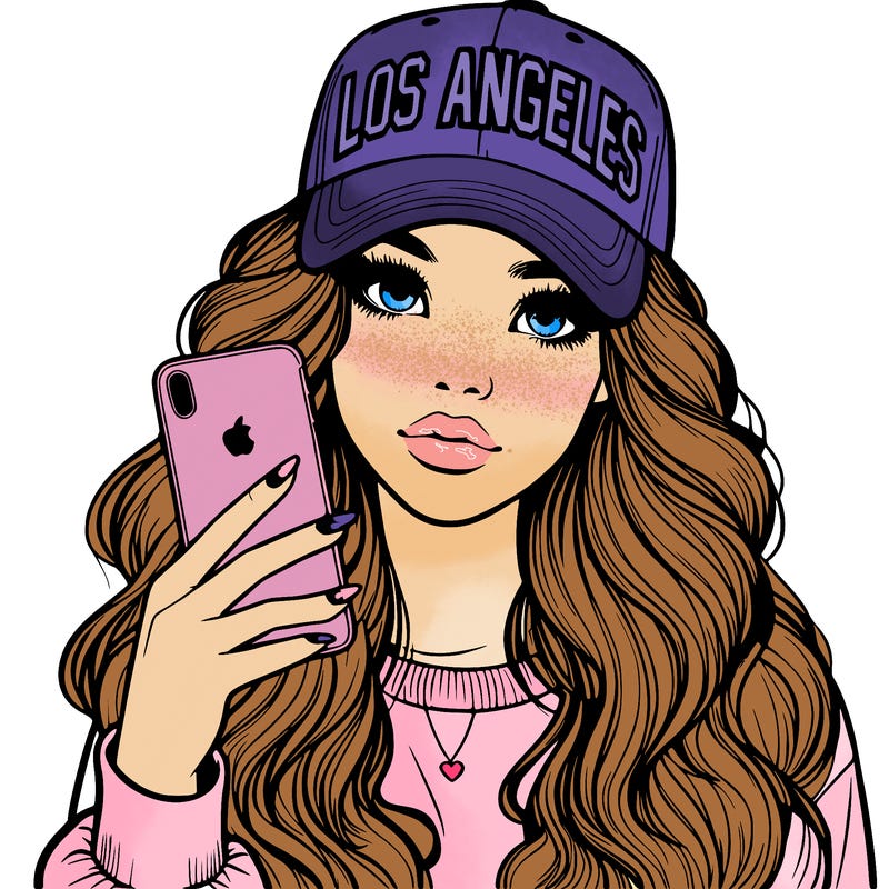 realistic beautiful girl wearing los ángeles cap holding an iphone
