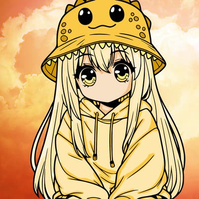 girl with anime shaped eyes with a dinosaur bucket hat oversized sweatshirt long straight hair