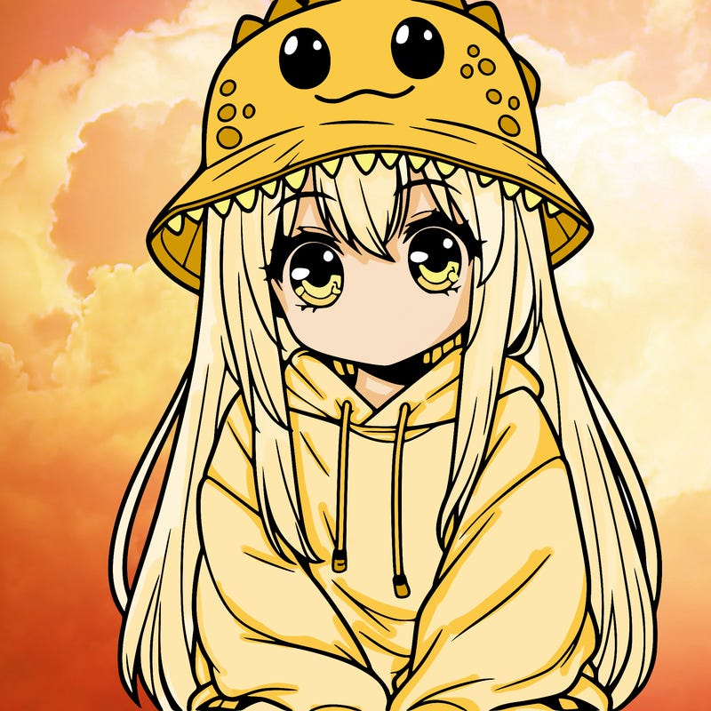 girl with anime shaped eyes with a dinosaur bucket hat oversized sweatshirt long straight hair