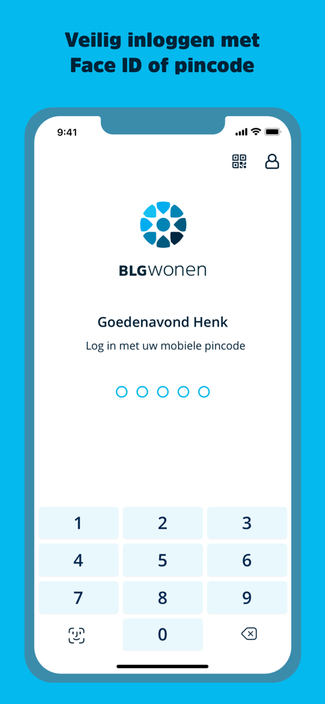 Interfaz de inicio de sesión segura de la aplicación móvil BLG Wonen con autenticación Face ID y código PIN
