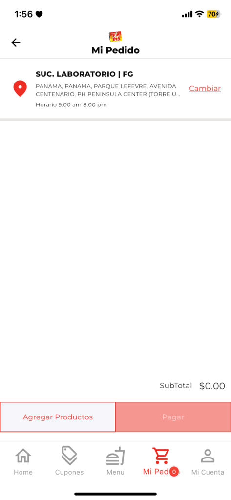 Pantalla de carrito de compras vacío en la App Pio Pio mostrando la ubicación del restaurante y el monto total.
