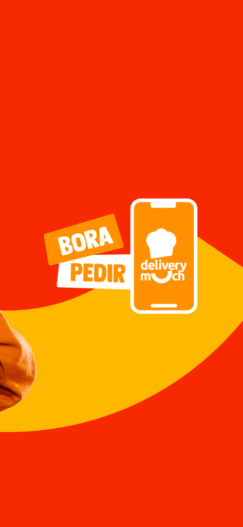 Delivery Much: Pedir Comida - Delivery Much フードデリバリーアプリの明るい赤とオレンジ色のスプラッシュスクリーン。Bora Pedir というテキストと、スマートフォンのグラフィックにシェフの帽子アイコンが表示されています。