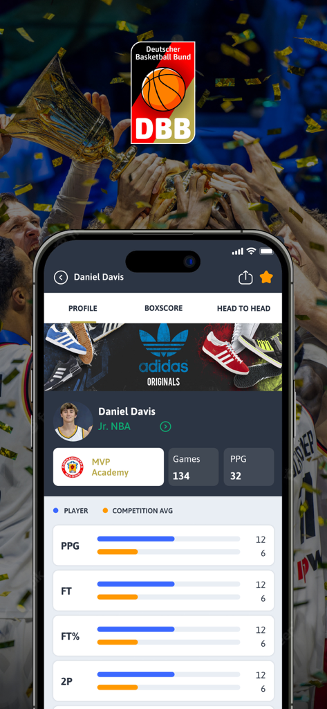 A mobile app screen for DBB Scores showing a basketball player profile with detailed performance statistics and competition averages