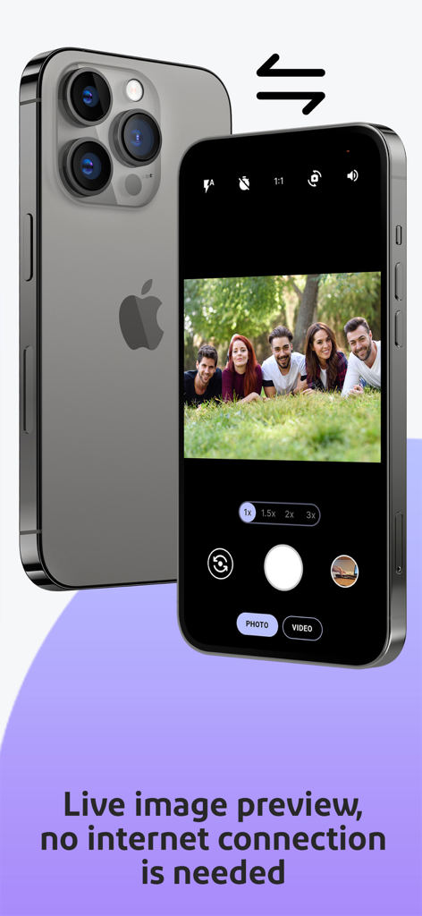 SayCheese - Remote Camera - Interface de l'application SayCheese sur deux iPhones montrant un aperçu de caméra en direct d'une photo de groupe sans nécessiter d'internet