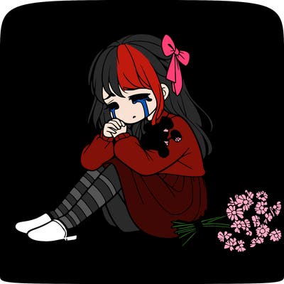 gurl with flowers in hand, crying a little bit looking down at her feet the flowers are wilted
