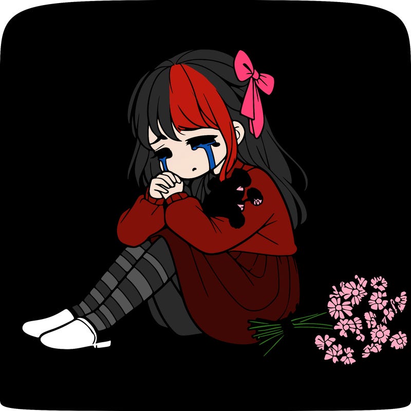 gurl with flowers in hand, crying a little bit looking down at her feet the flowers are wilted