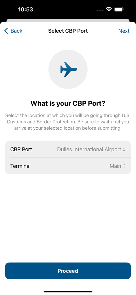 A screenshot of the Mobile Passport Control app showing the CBP port and terminal selection screen.